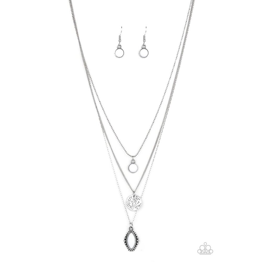Paparazzi Tide Drifter White 3 Layered Stacked Silver Necklace Earrings Set